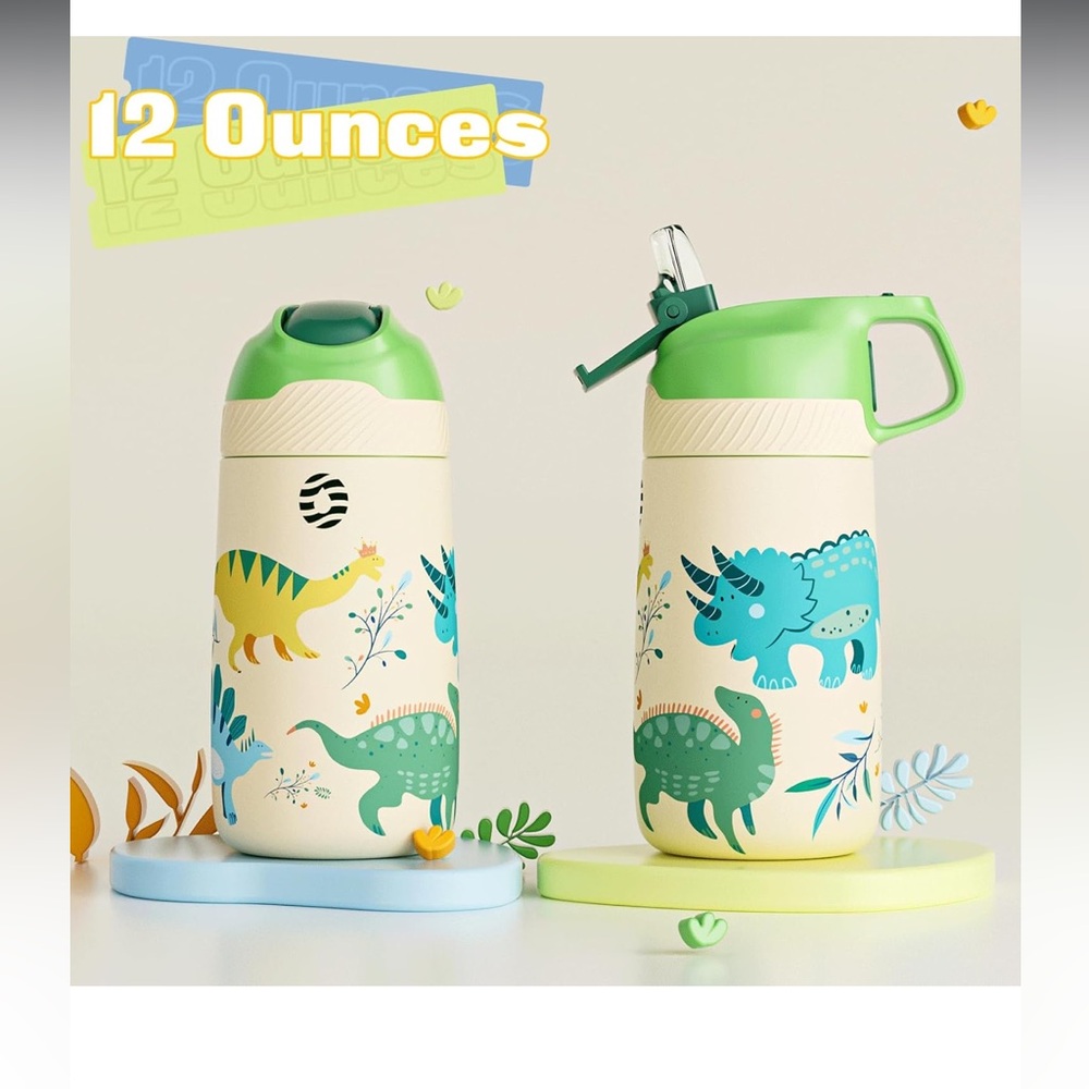 Kids Water Bottle-One-Click Open Stainless Steel With Straw Lid | 12oz, Dinosaur